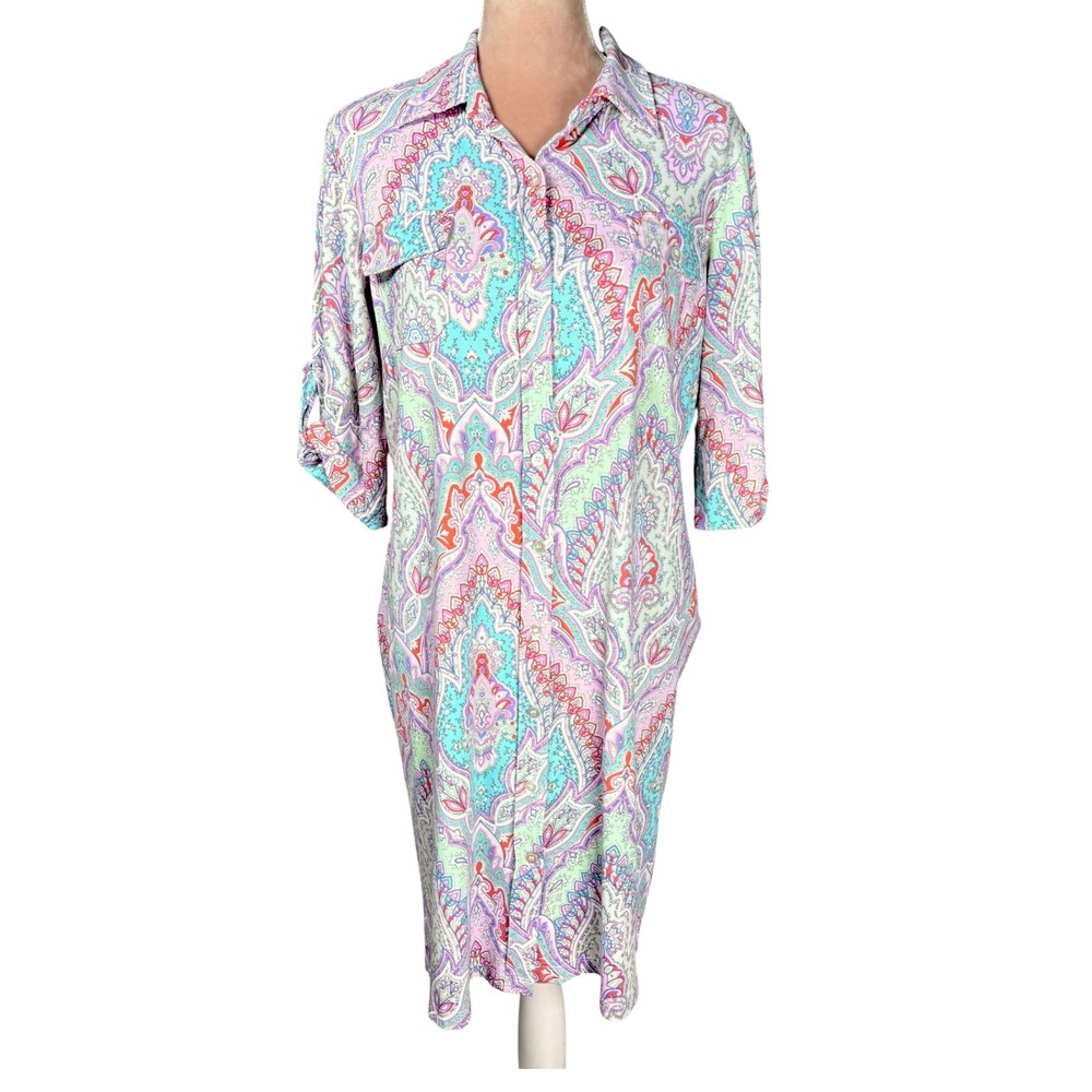 J McLaughlin Paisley Print Button Up Shirt Dress 3/4 Sleeve‎ Roll Tab Green Pink
